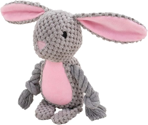 Gray Rabbit Squeaky Plush Dog Toy with Crinkle Paper and Cotton Rope